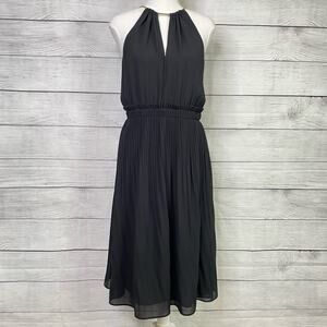 MICHAEL Michael Kors Gold Metal Neckline Black Pleated A Line Dress 0